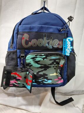 NWT COOKIES ESCOBAR Smell Proof Backpack. Blue Base & Multi Color Camo.